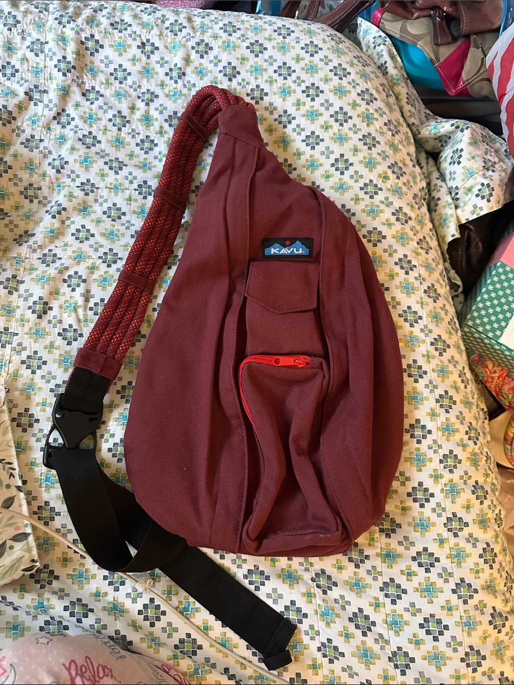 Kavu Unisex Canvas Burgundy Sling Bag with Red Accents & Rope Strap (AA5)